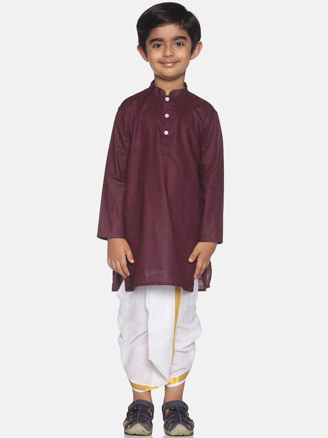 sethukrishna boys maroon & white solid regular pure cotton kurta with dhoti pants