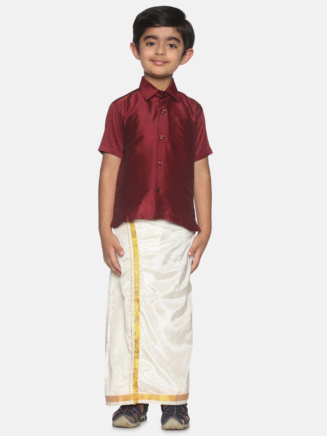 sethukrishna boys maroon & white solid shirt and dhoti set