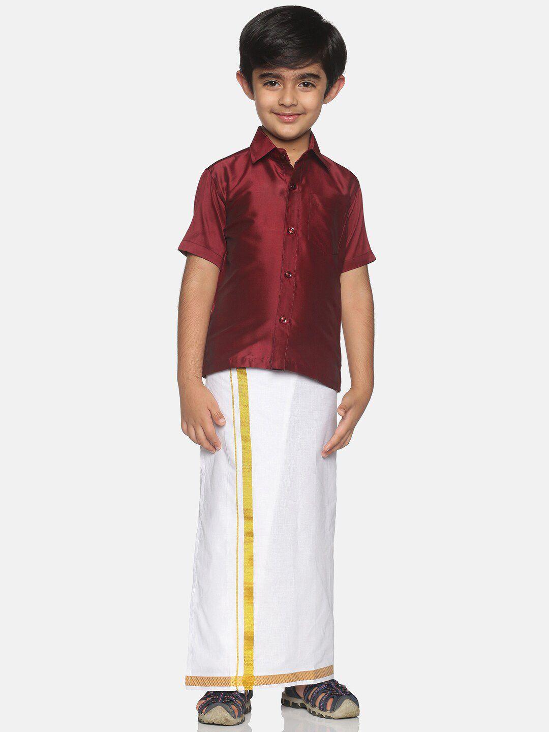 sethukrishna boys maroon & white solid shirt and veshti set