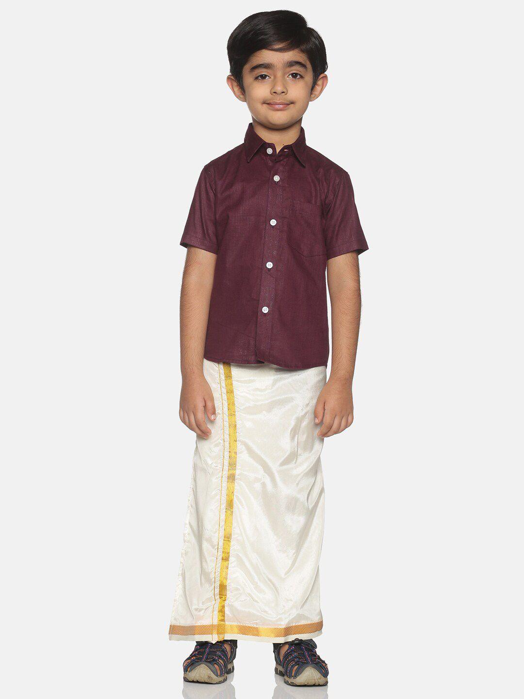 sethukrishna boys maroon & white solid shirt with veshti set