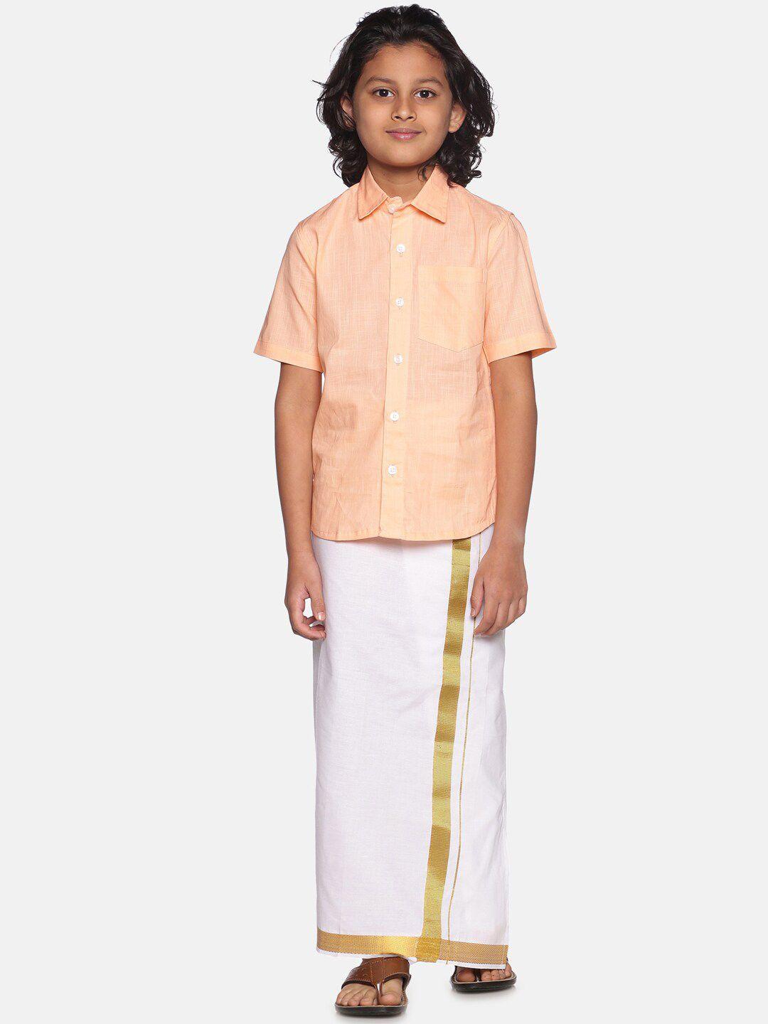 sethukrishna boys orange & white solid cotton shirt & dhoti set