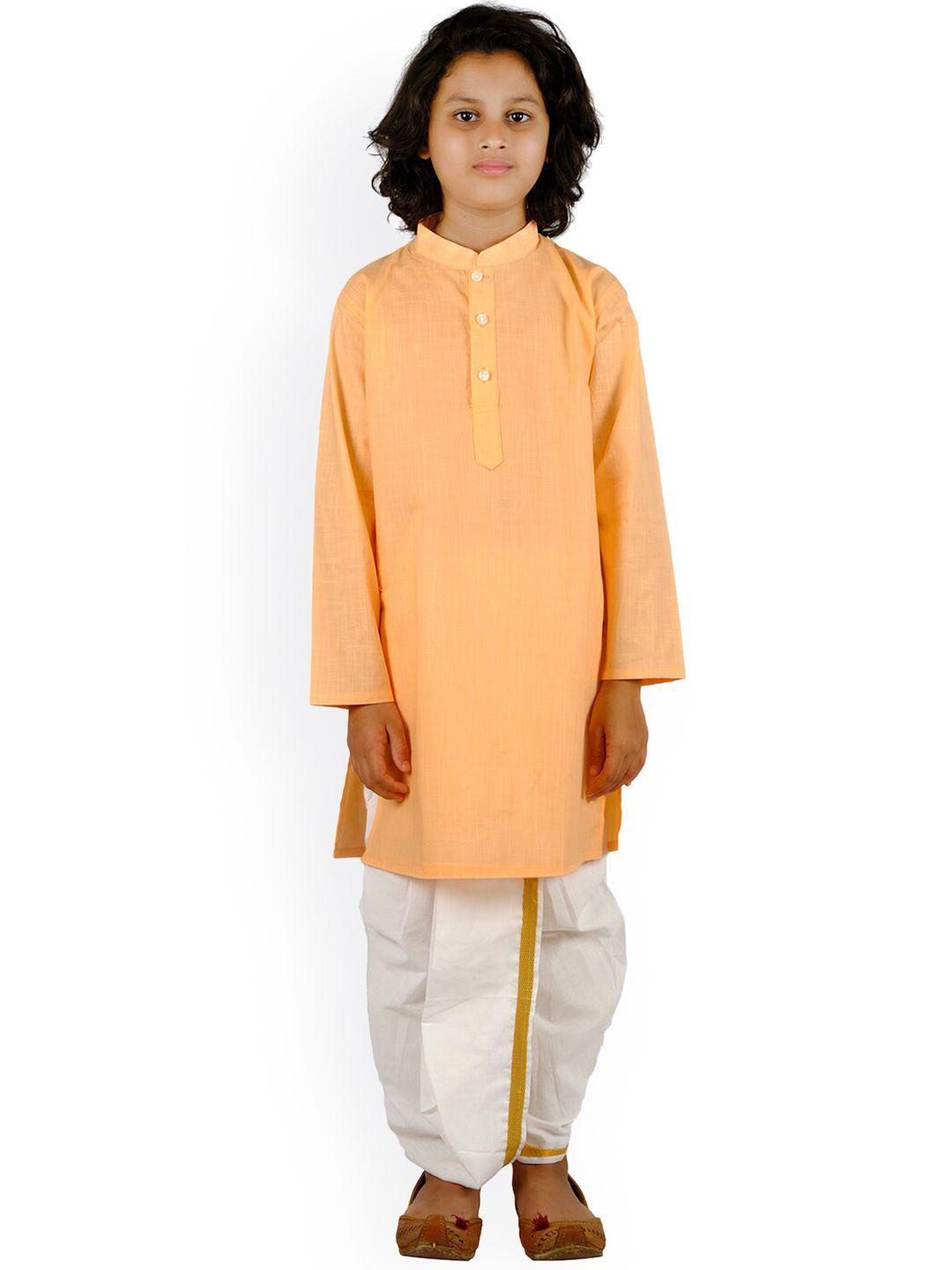 sethukrishna boys orange embroidered pure cotton kurta with churidar