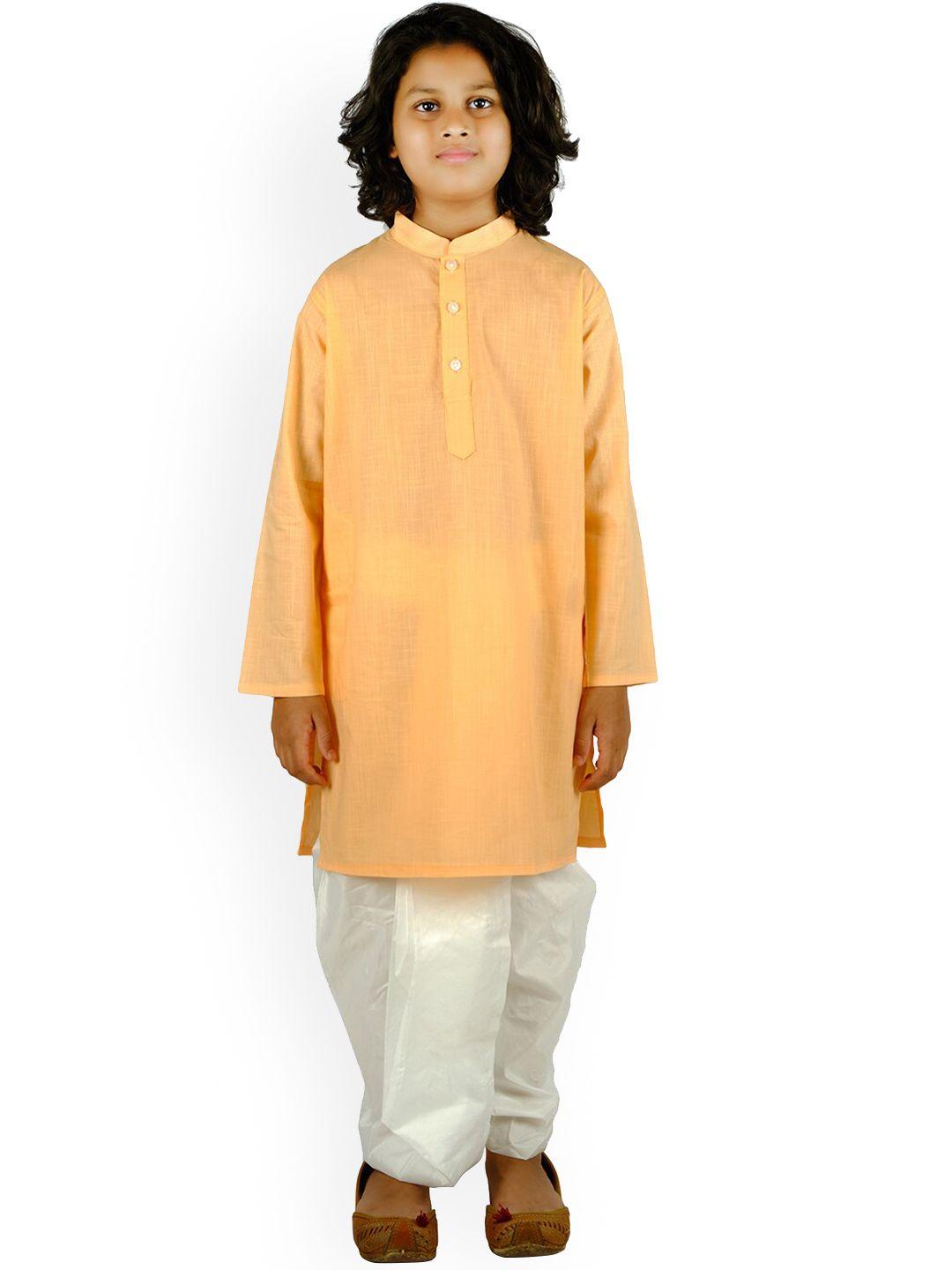 sethukrishna boys orange pure cotton kurta with dhoti pants & with dupatta