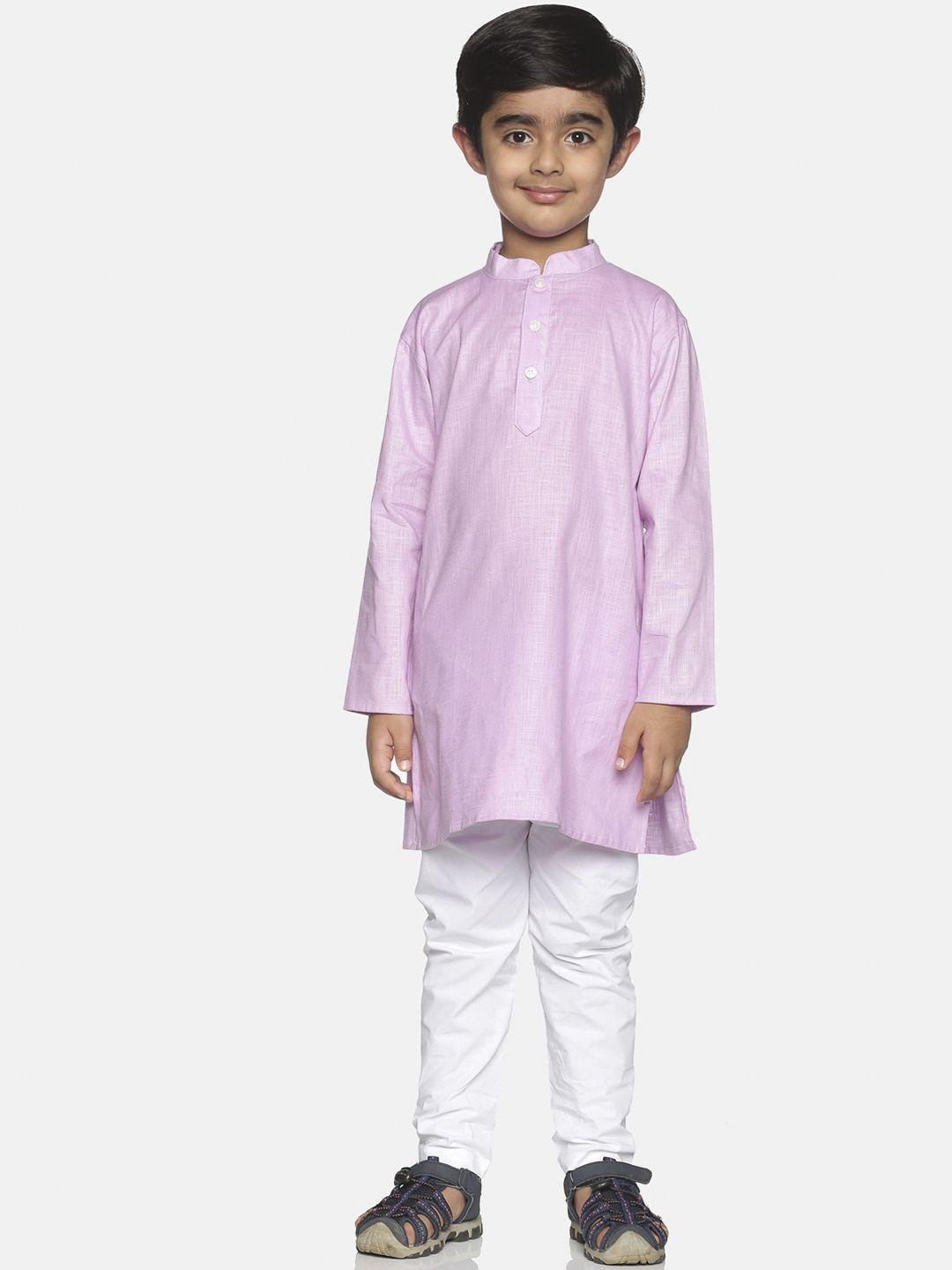 sethukrishna boys pink & white solid regular pure cotton kurta and pyjama set