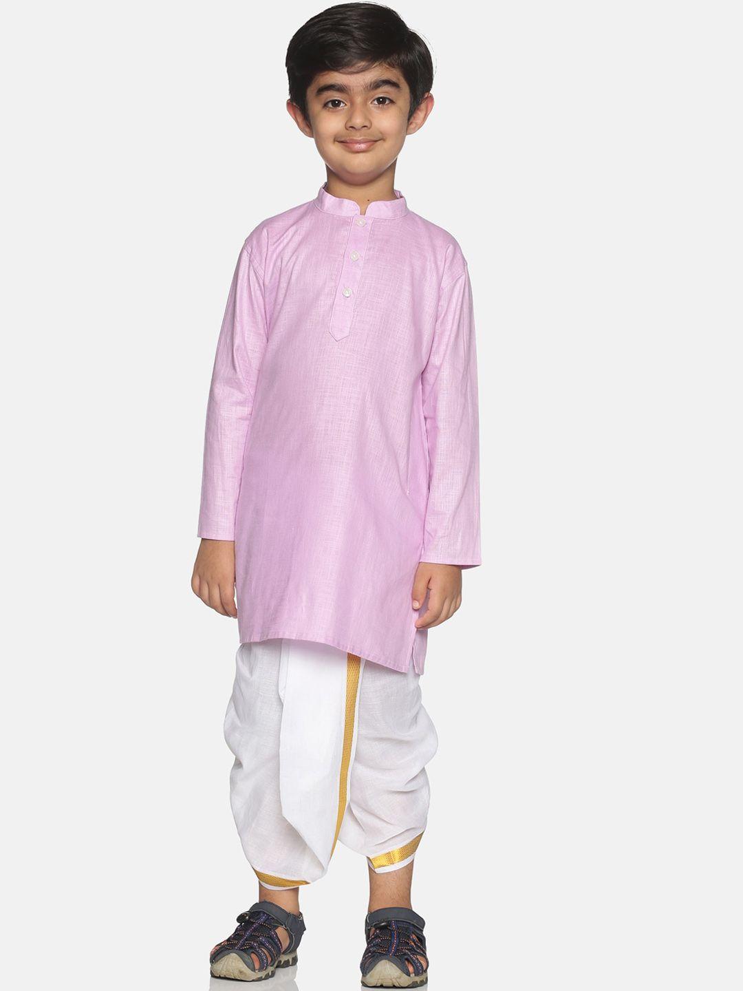 sethukrishna boys pink & white solid regular pure cotton kurta with dhoti pants