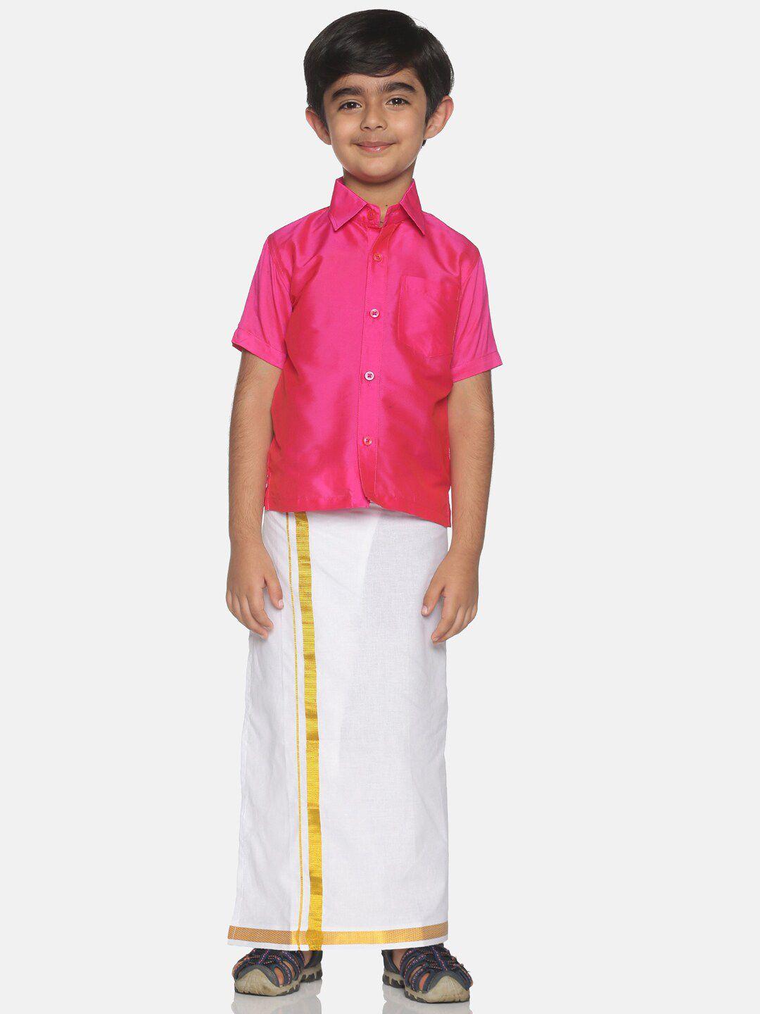 sethukrishna boys pink & white solid shirt and veshti set
