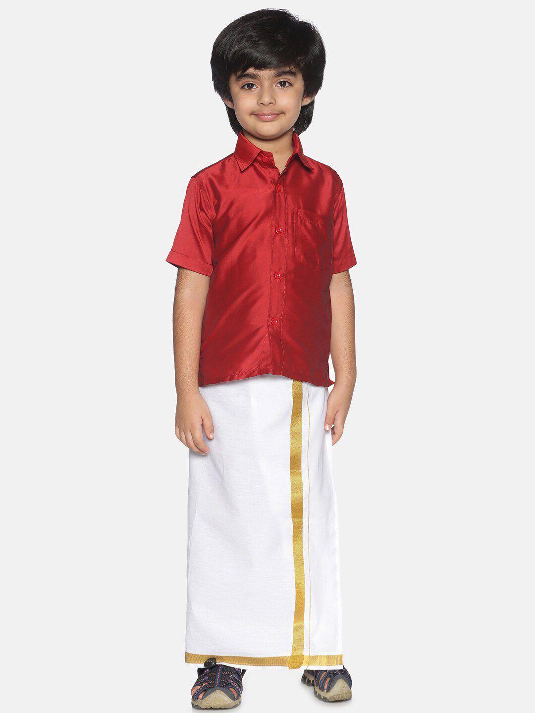 sethukrishna boys red & white shirt with ready to wear dhoti set