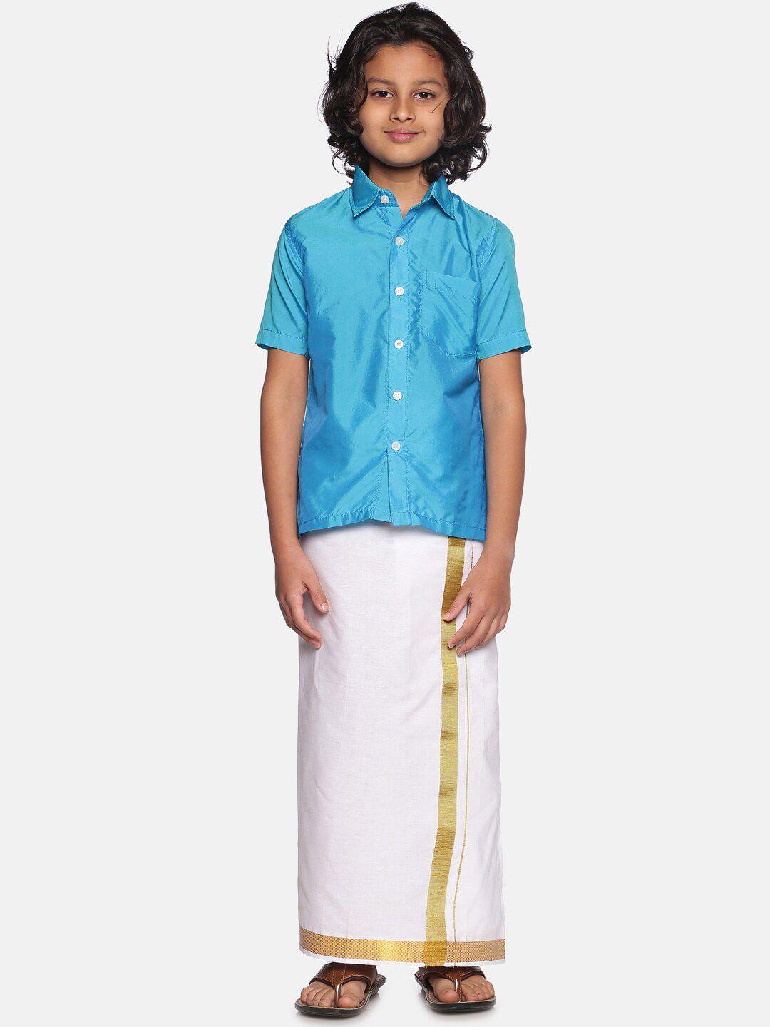 sethukrishna boys turquoise blue & white solid cotton shirt & dhoti set