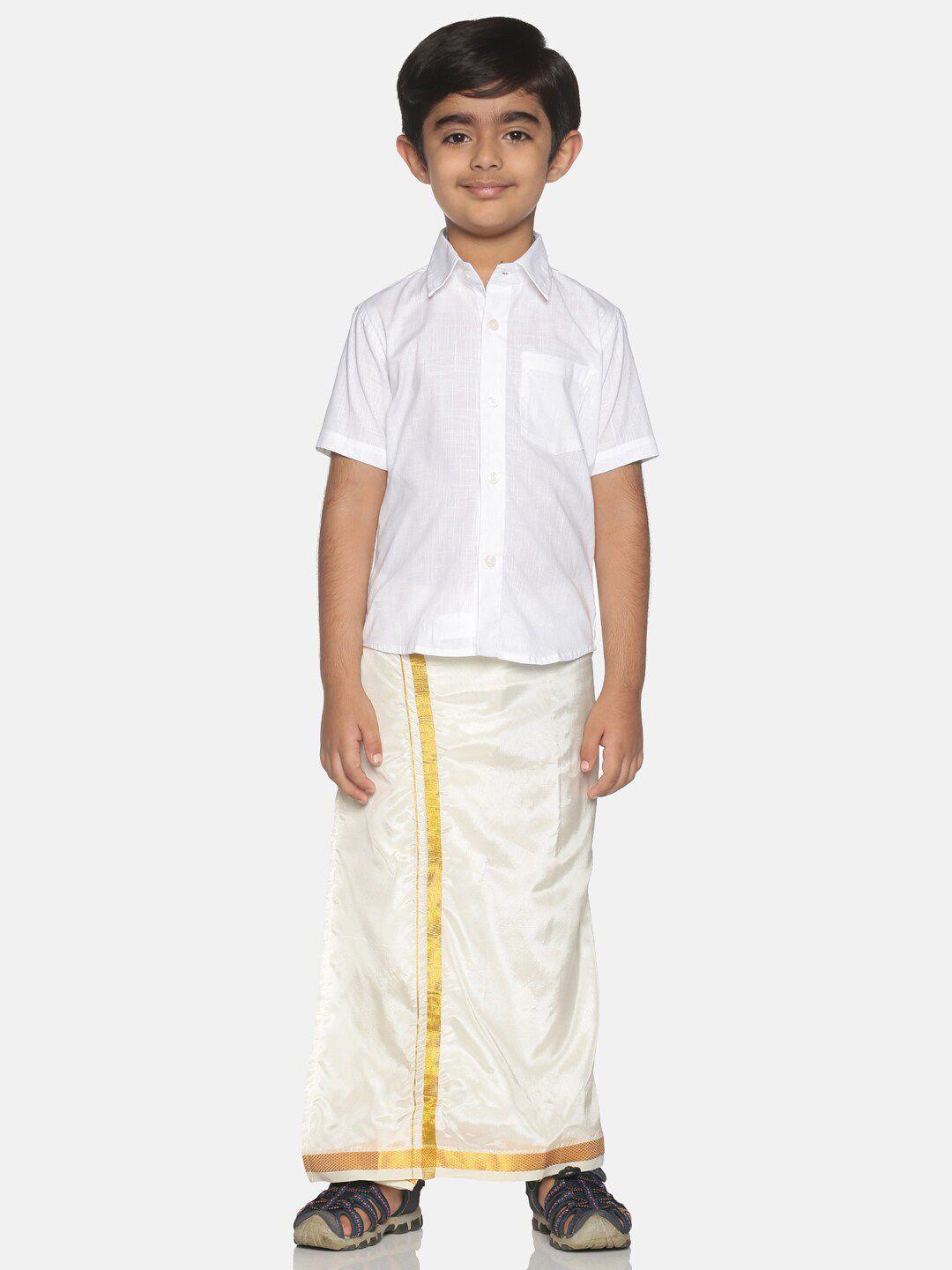 sethukrishna boys white & gold solid pure cotton shirt & veshti set