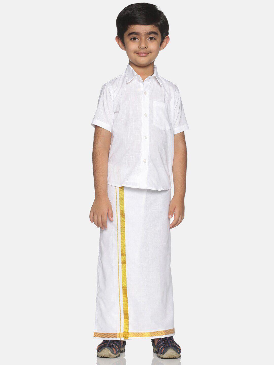 sethukrishna boys white & gold-toned pure cotton solid shirt and veshti set