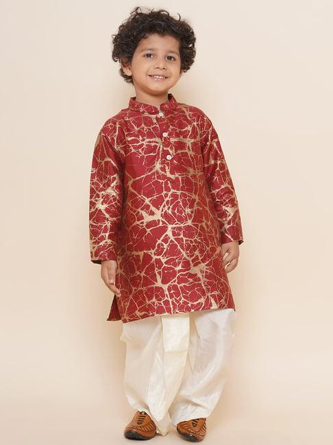 sethukrishna kids maroon & cream printed full sleeves kurta with dhoti