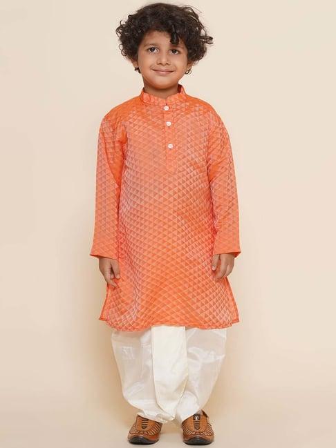 sethukrishna kids orange & white self pattern full sleeves kurta set