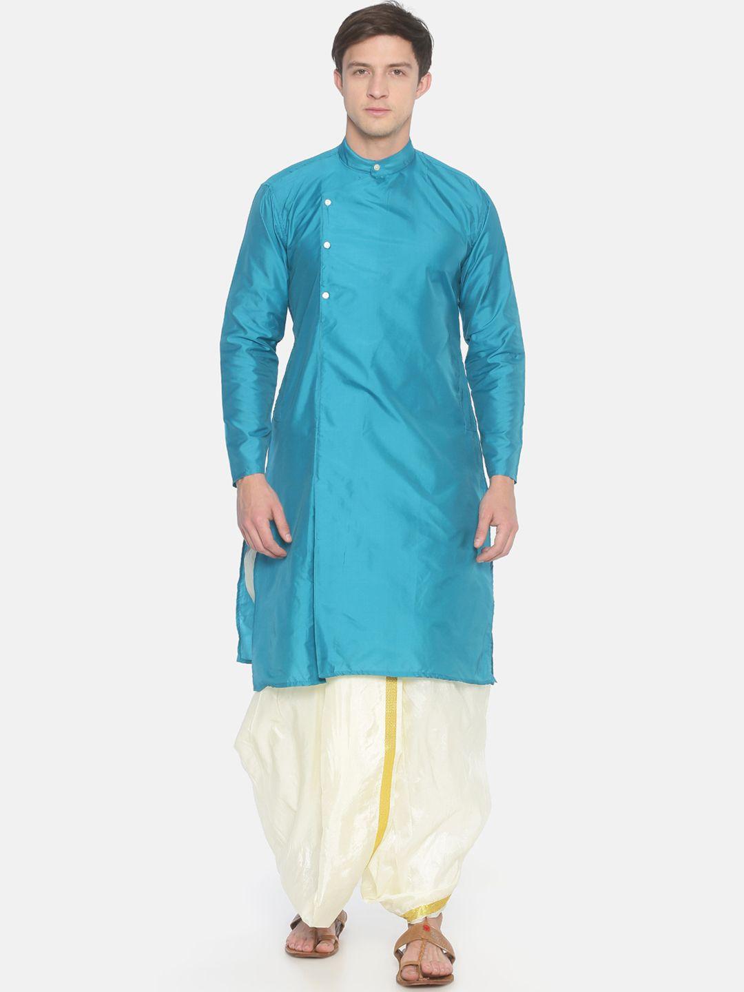 sethukrishna men blue & off-white solid angrakha kurta with dhoti pants