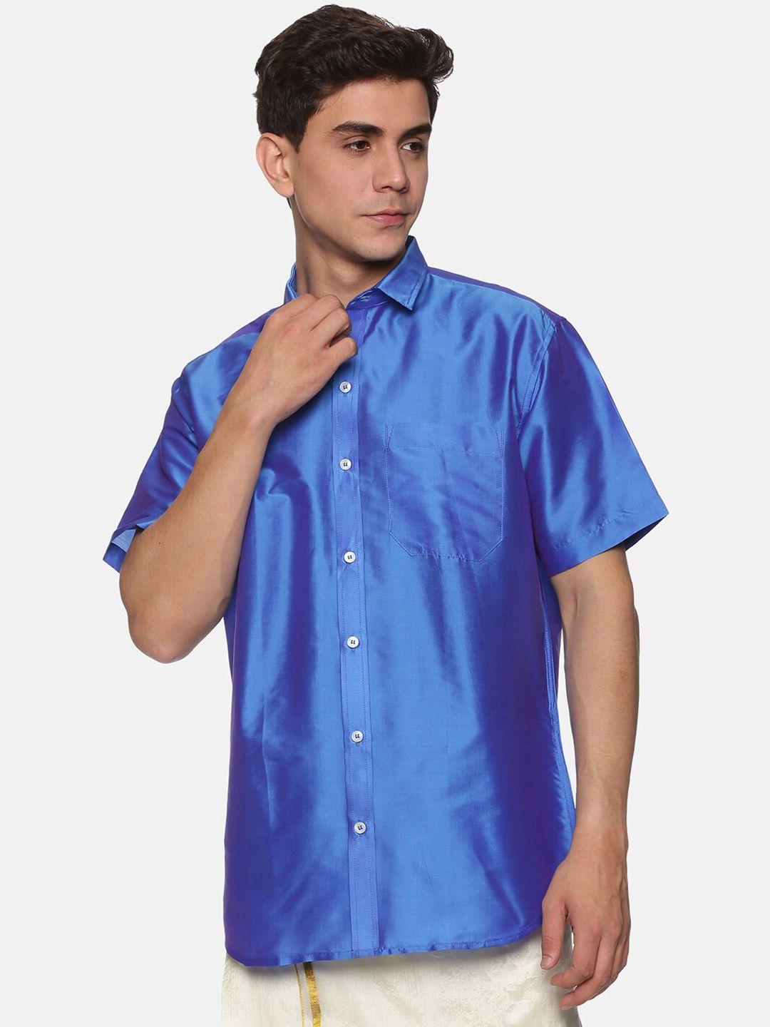 sethukrishna men blue solid regular fit shirt