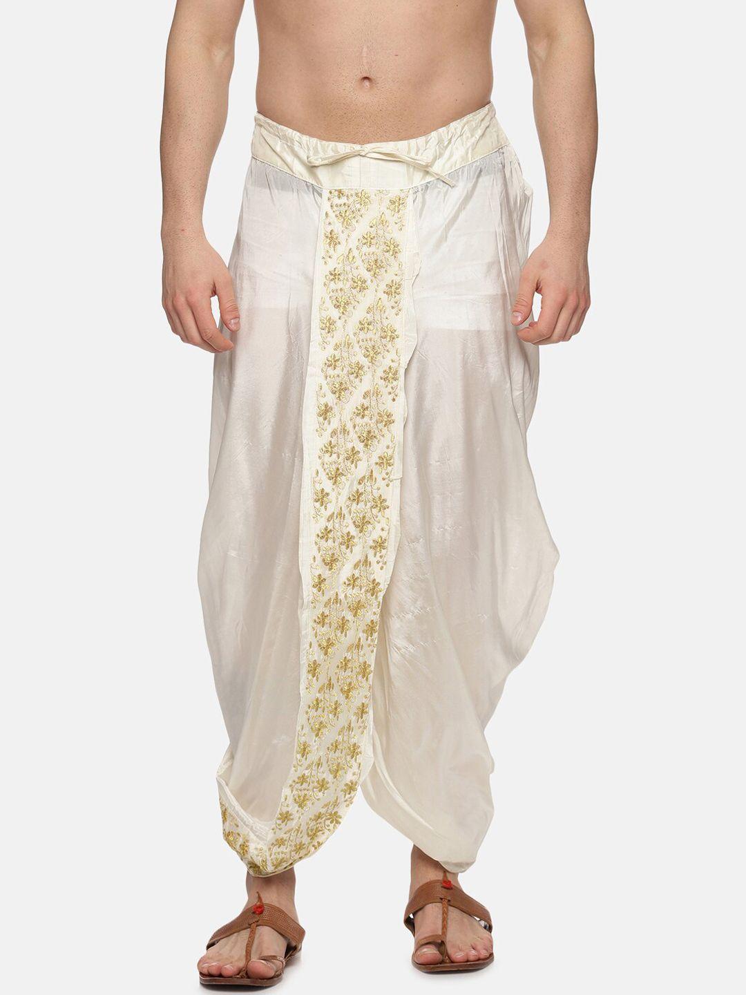 sethukrishna men cream colored & golden embroidered dhotis