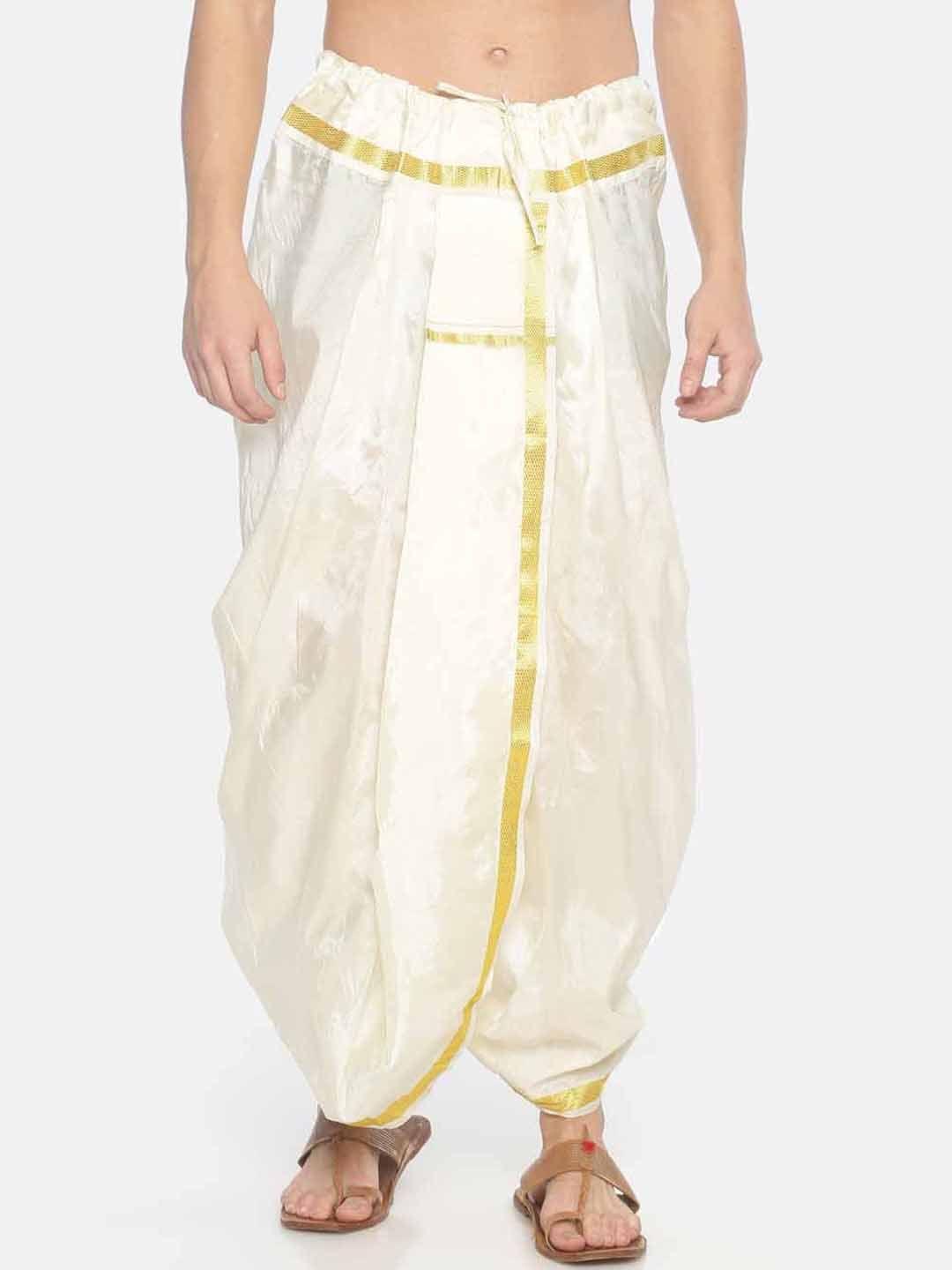 sethukrishna men cream-coloured solid readymade pocket dhoti