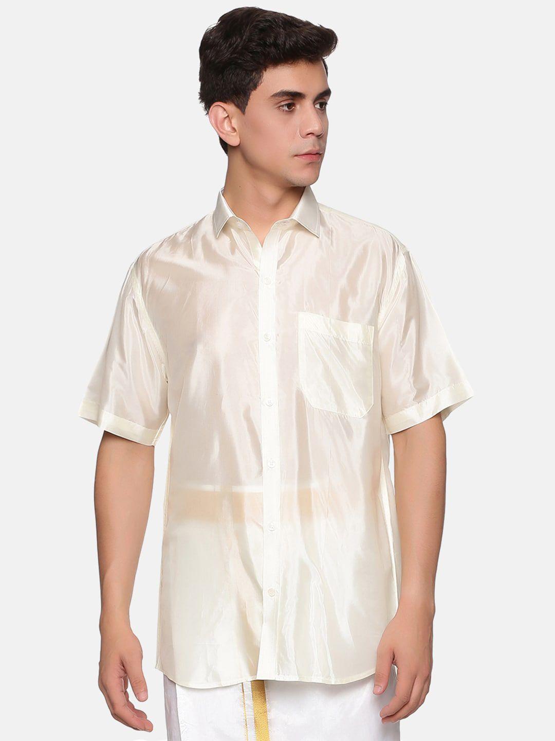 sethukrishna men cream silk standard casual shirt