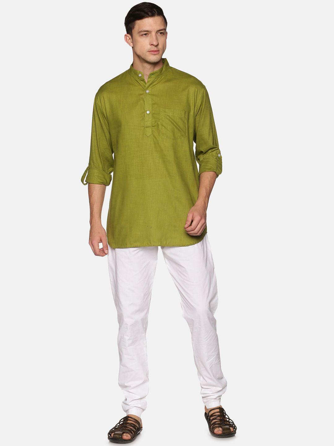 sethukrishna men green & white regular pure cotton kurta with pyjamas