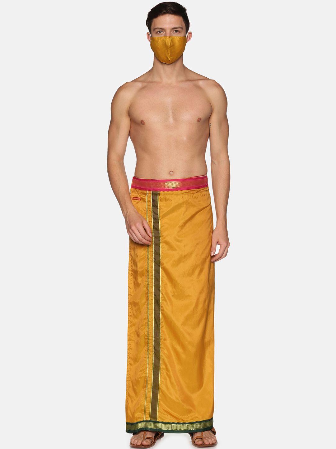 sethukrishna men mustard yellow solid readymade dhoti with matching mask