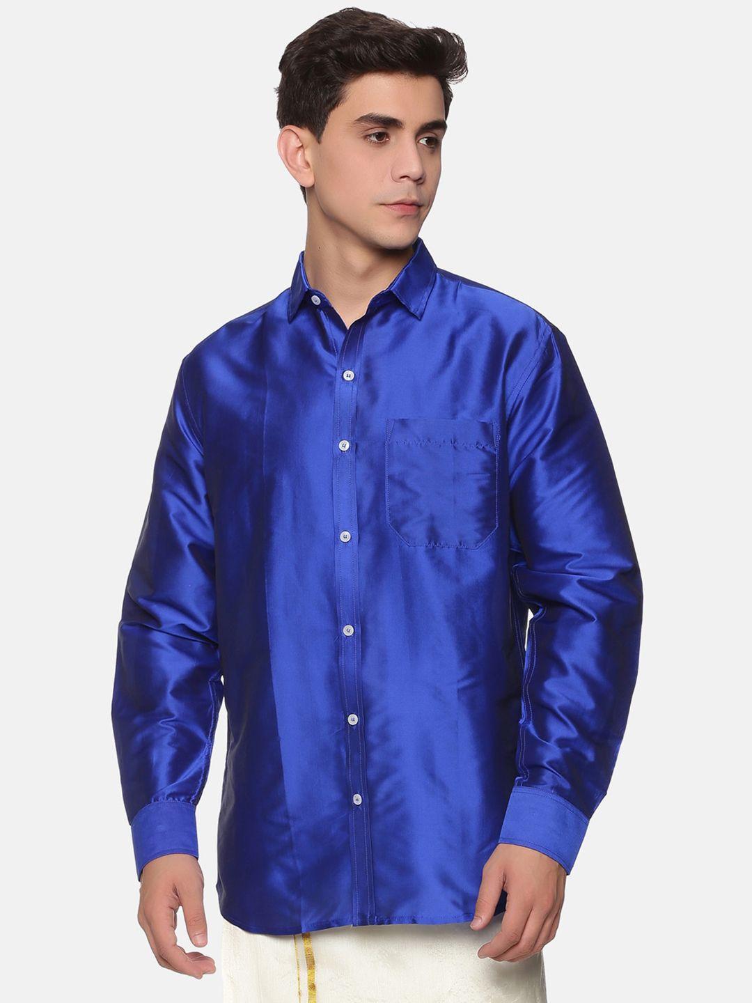 sethukrishna men navy blue silk standard casual shirt