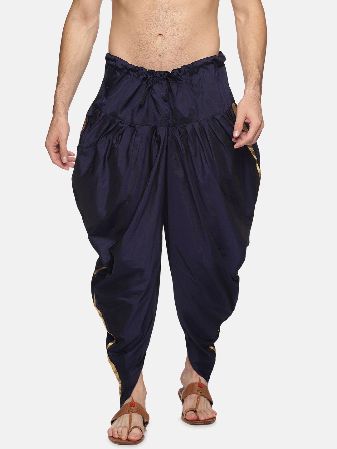 sethukrishna men navy blue solid art silk dhoti pants