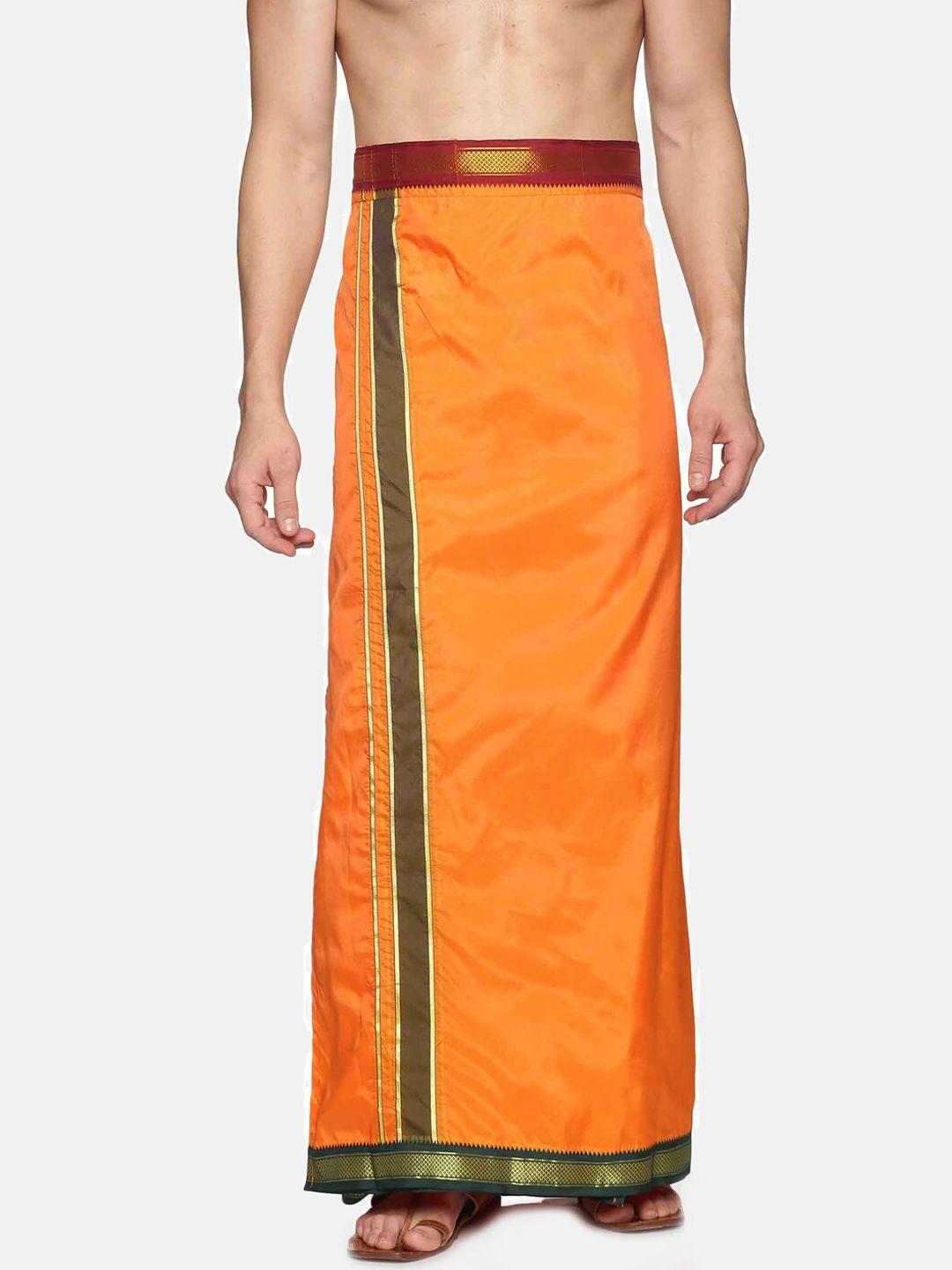 sethukrishna men orange & green solid ready made dhoti