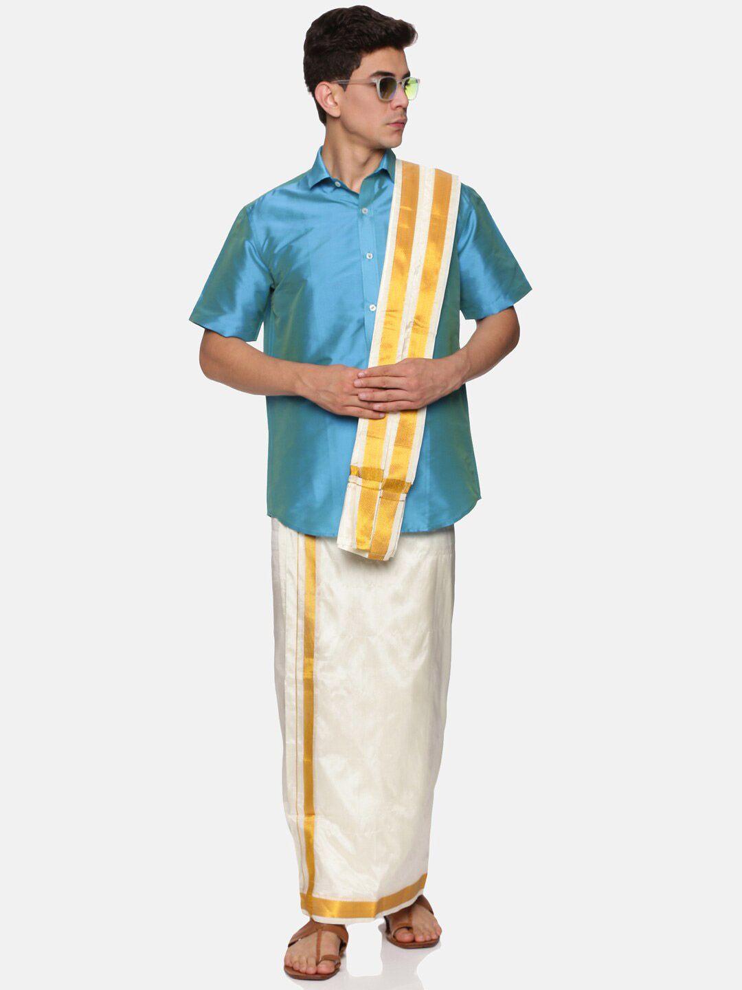 sethukrishna men turquoise blue & off white shirt dhoti with angavastram set