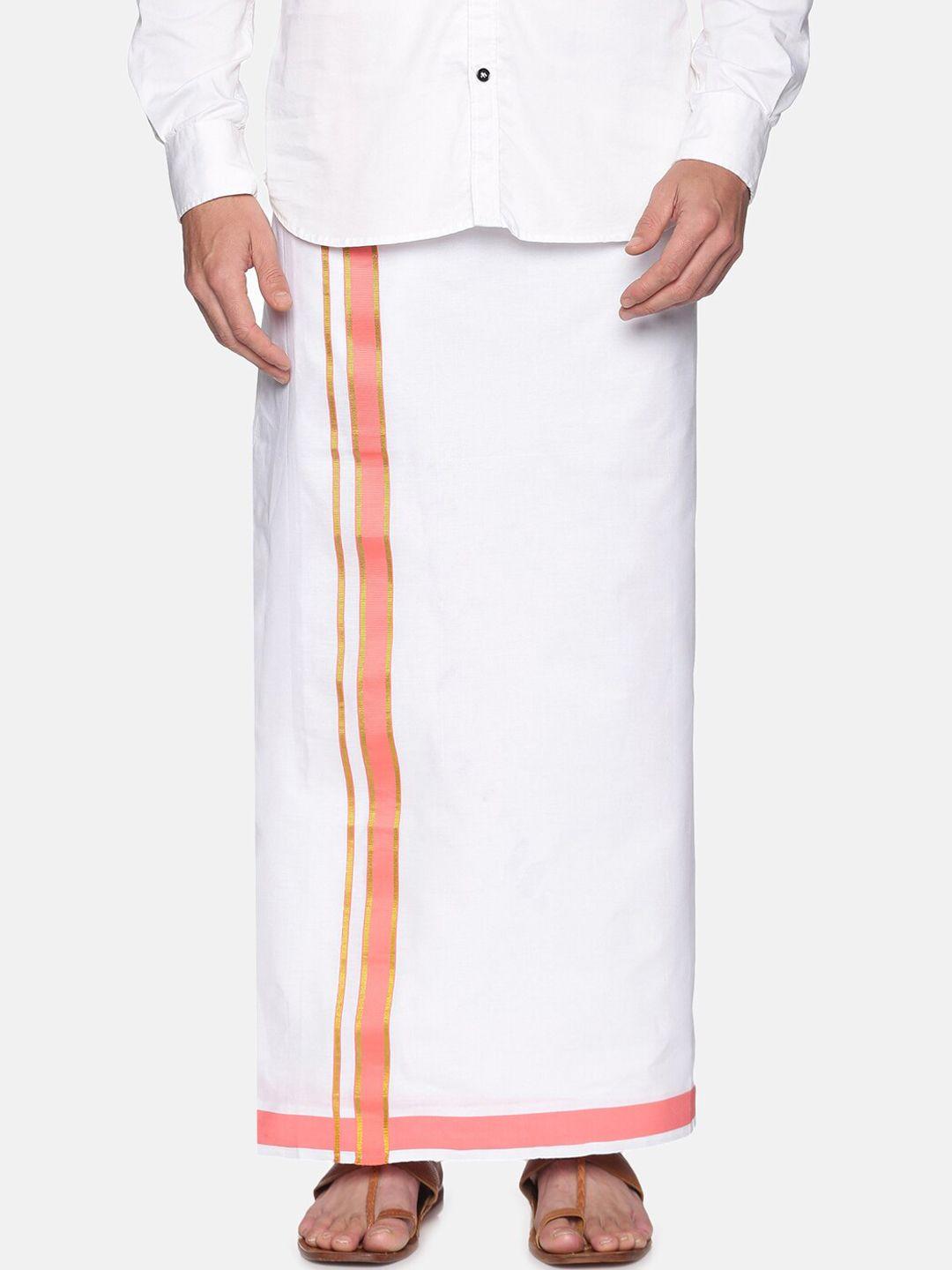 sethukrishna men white & peach-coloured solid cotton readymade mundu