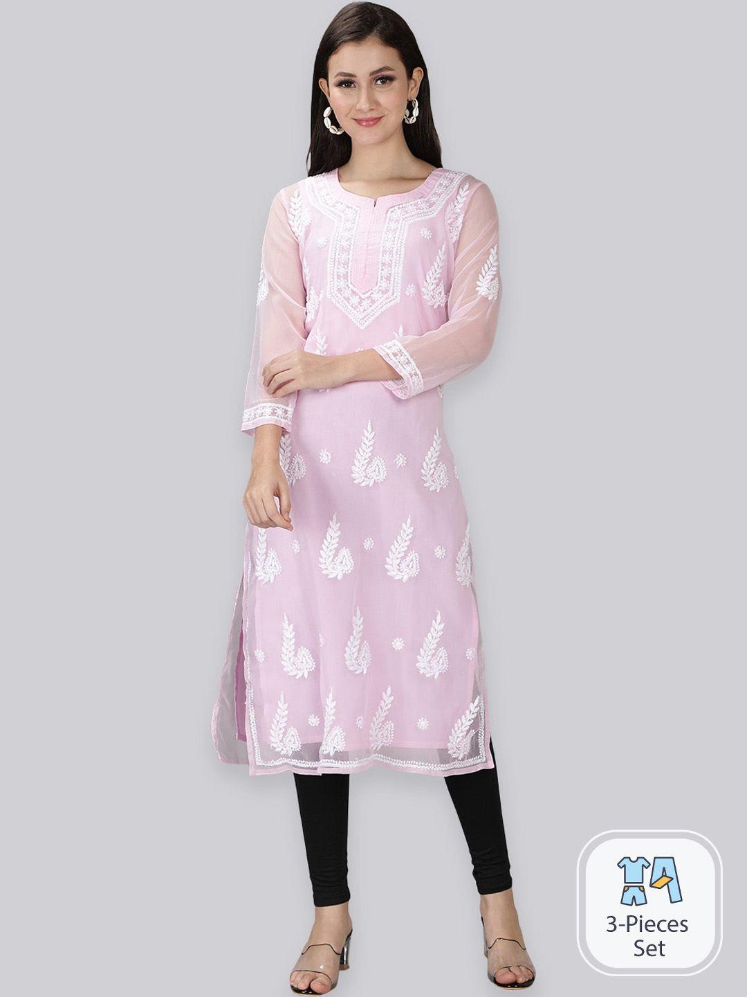 seva chikan women pink ethnic motifs embroidered chikankari handloom georgette kurta