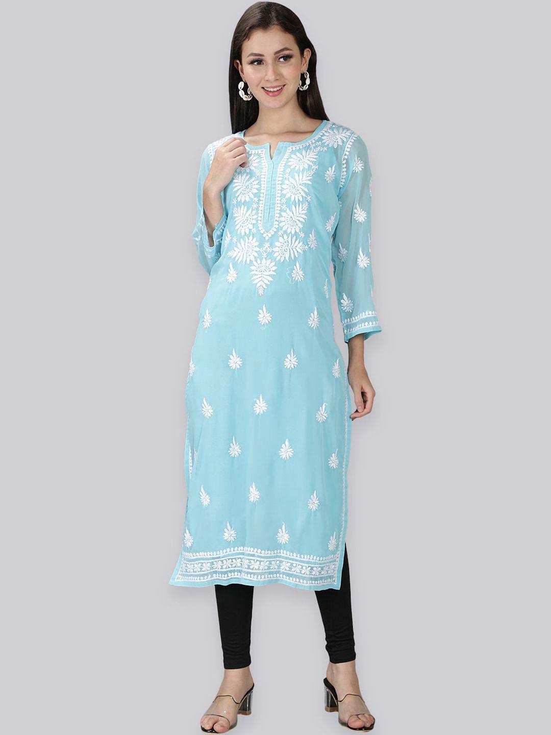 seva chikan chikankari embroidered round neck long sleeve thread work kurta with inner