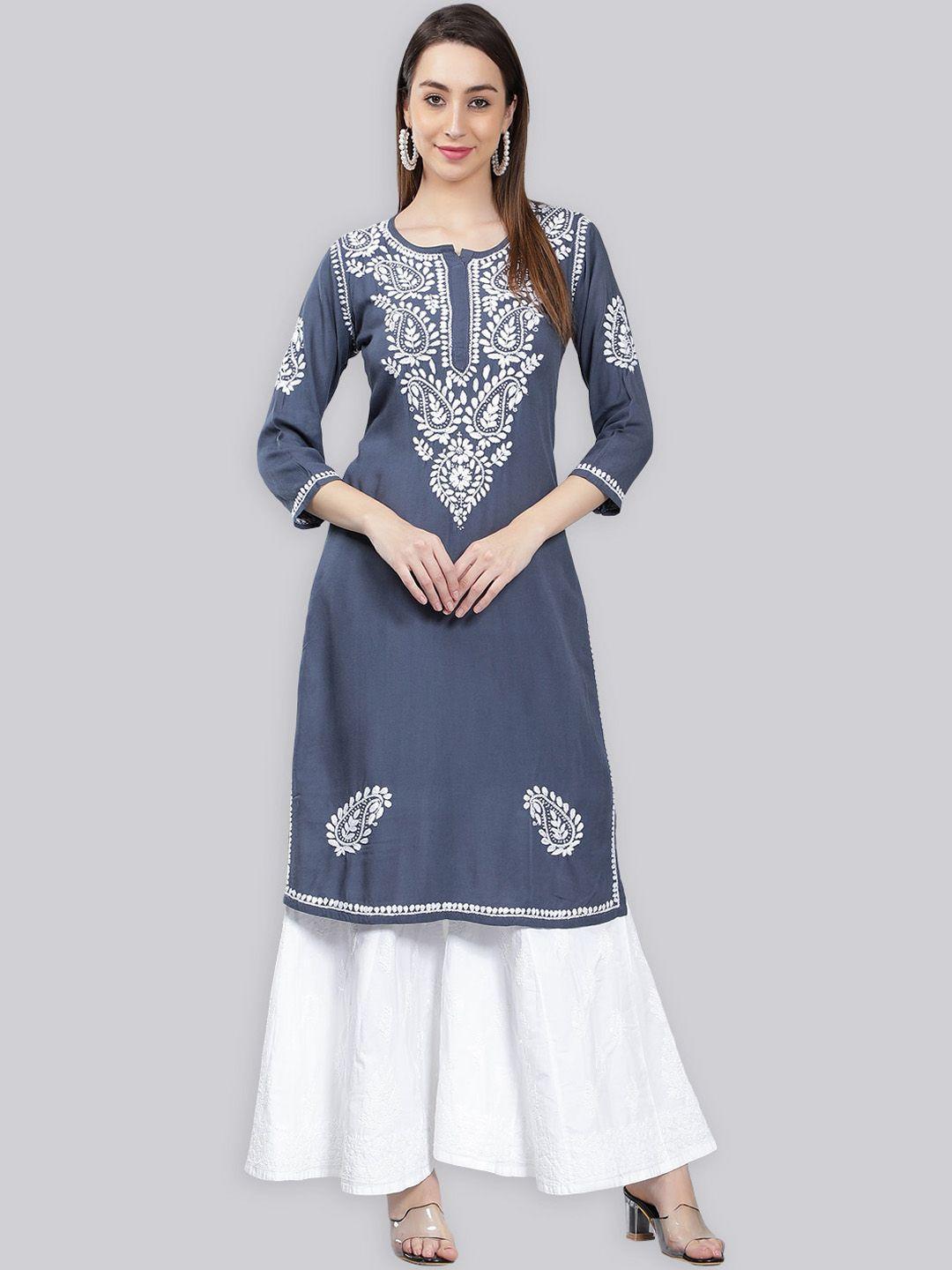 seva chikan chikankari paisley embroidered round neck three-quarter sleeve straight kurta