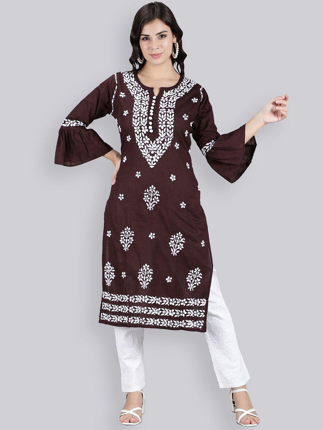 seva chikan ethnic motifs embroidered bell sleeves lucknowi chikankari kurta with trousers