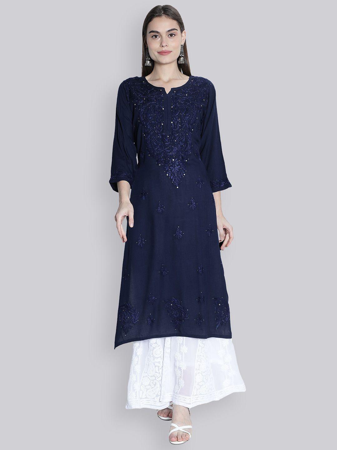 seva chikan ethnic motifs embroidered lucknowi chikankari straight kurta