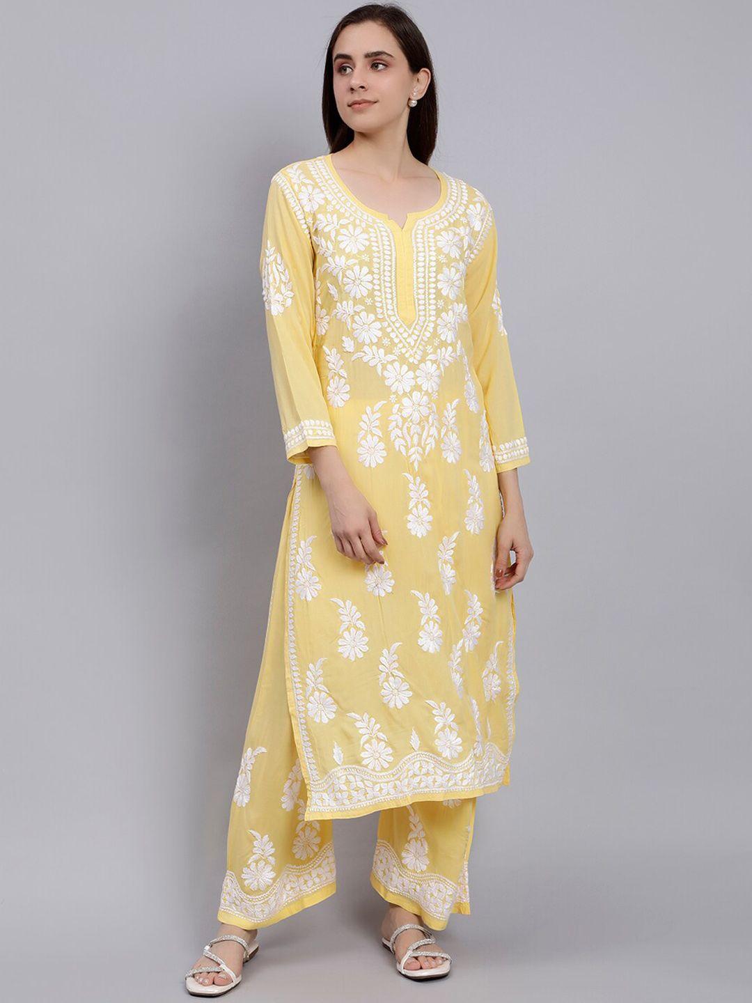 seva chikan ethnic motifs embroidered regular chikankari kurta with palazzos