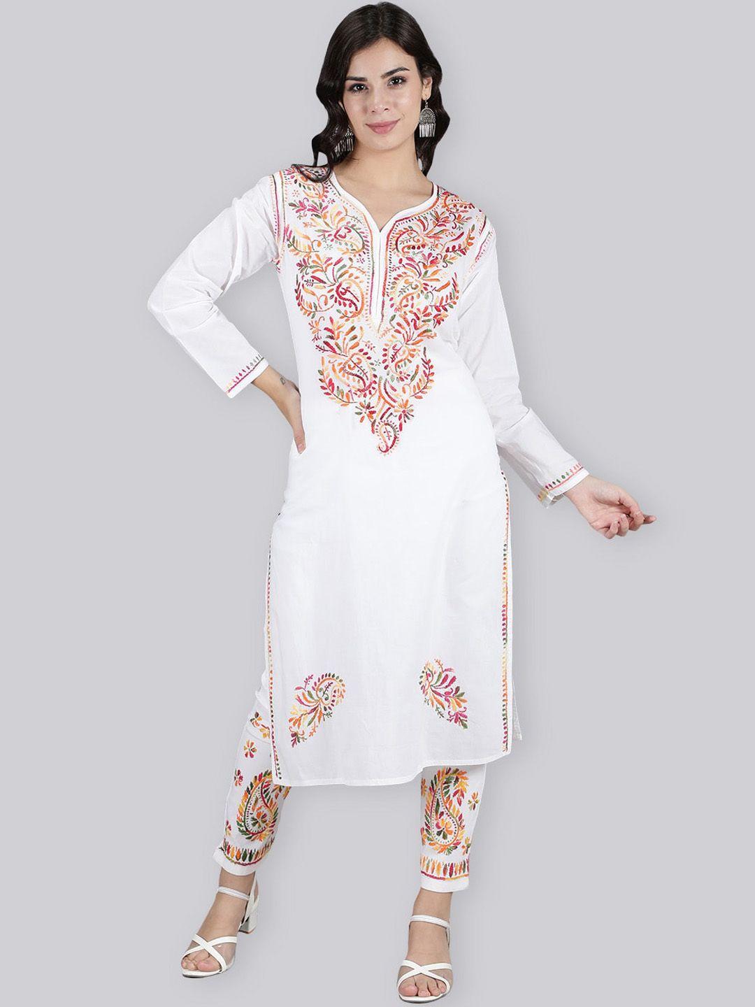 seva chikan ethnic motifs embroidered v-neck long sleeve chikankari kurta set