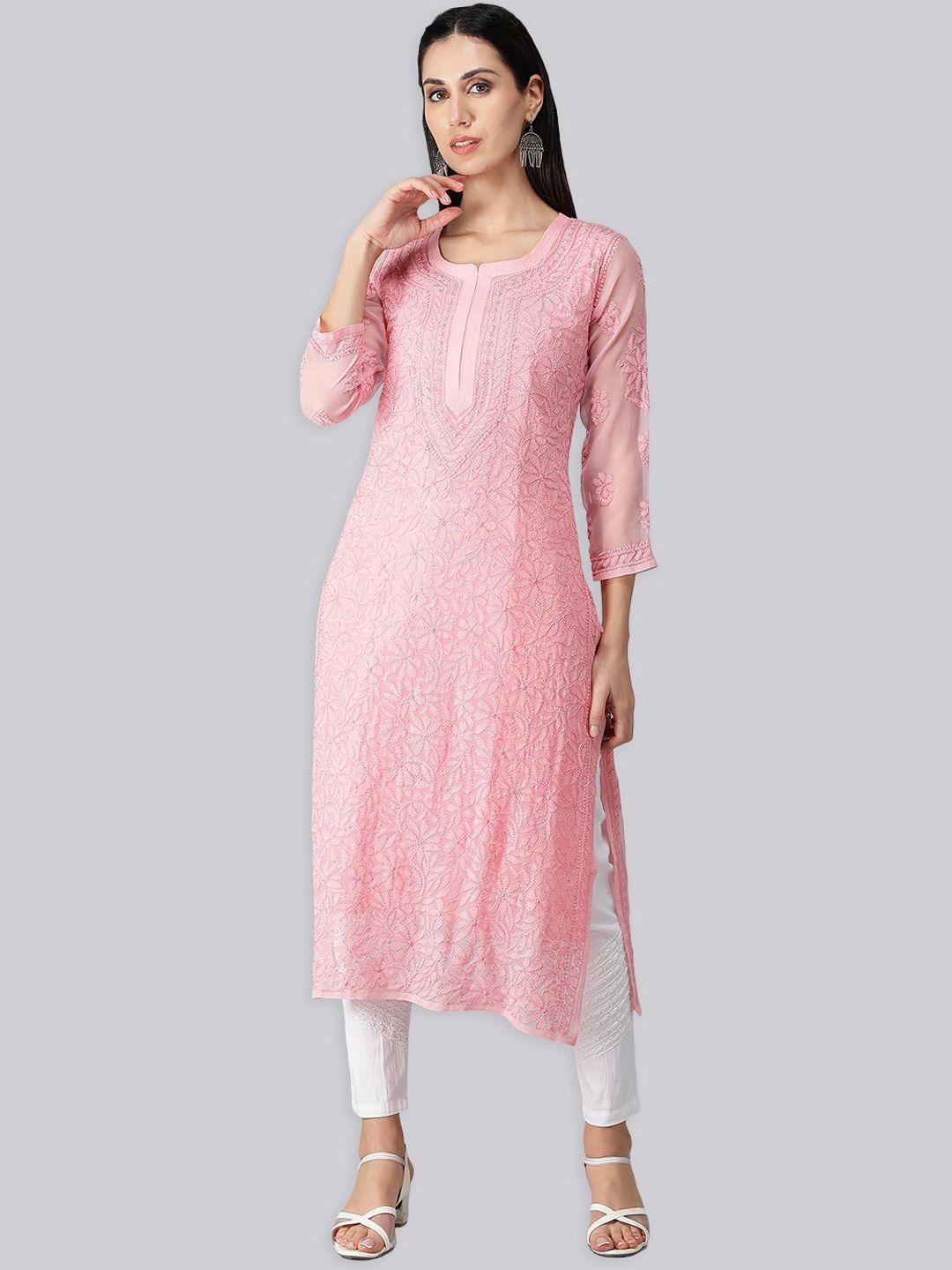 seva chikan floral embroidered chikankari georgette straight kurta with camisole