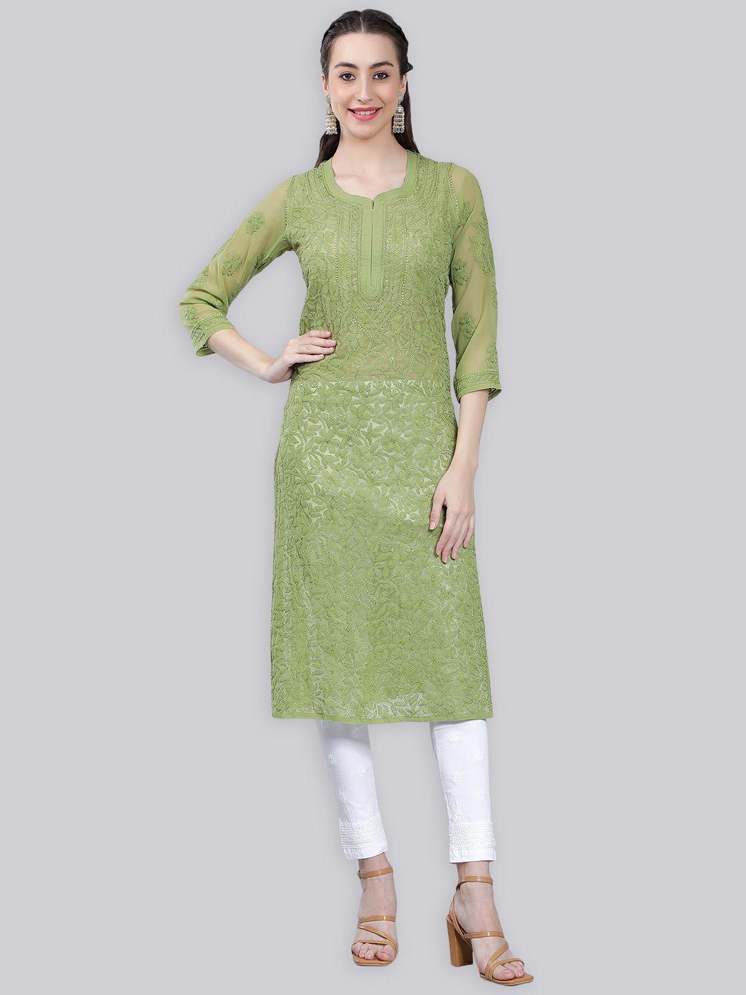 seva chikan floral embroidered chikankari round neck three-quarter sleeve straight kurta