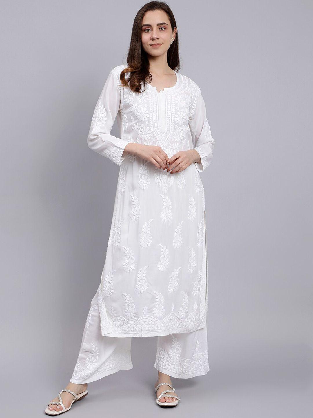 seva chikan floral embroidered lucknowi chikankari straight kurta with palazzo