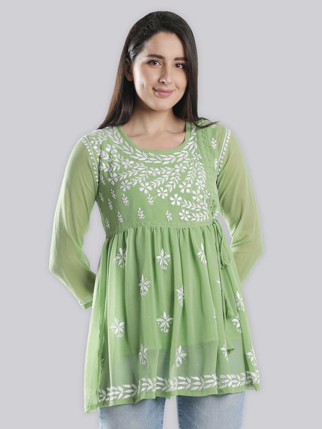 seva chikan green & white ethnic motifs embroidered chikankari handloom chikankari angrakha kurti