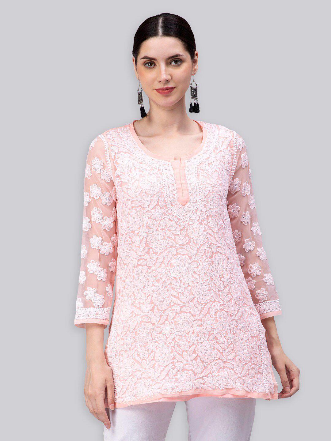 seva chikan peach-coloured ethnic motifs embroidered chikankari handloom chikankari kurti