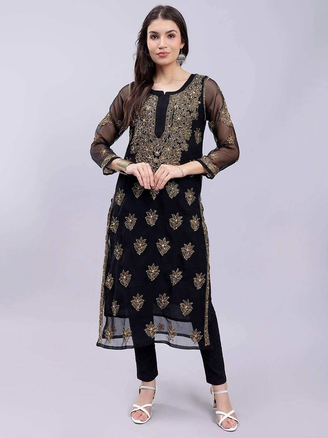 seva chikan women black ethnic motifs embroidered chikankari handloom georgette kurta