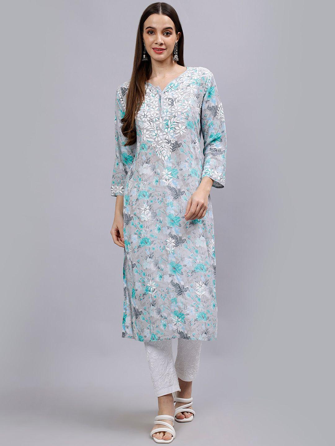 seva chikan women floral printed sequinned handloom kurta