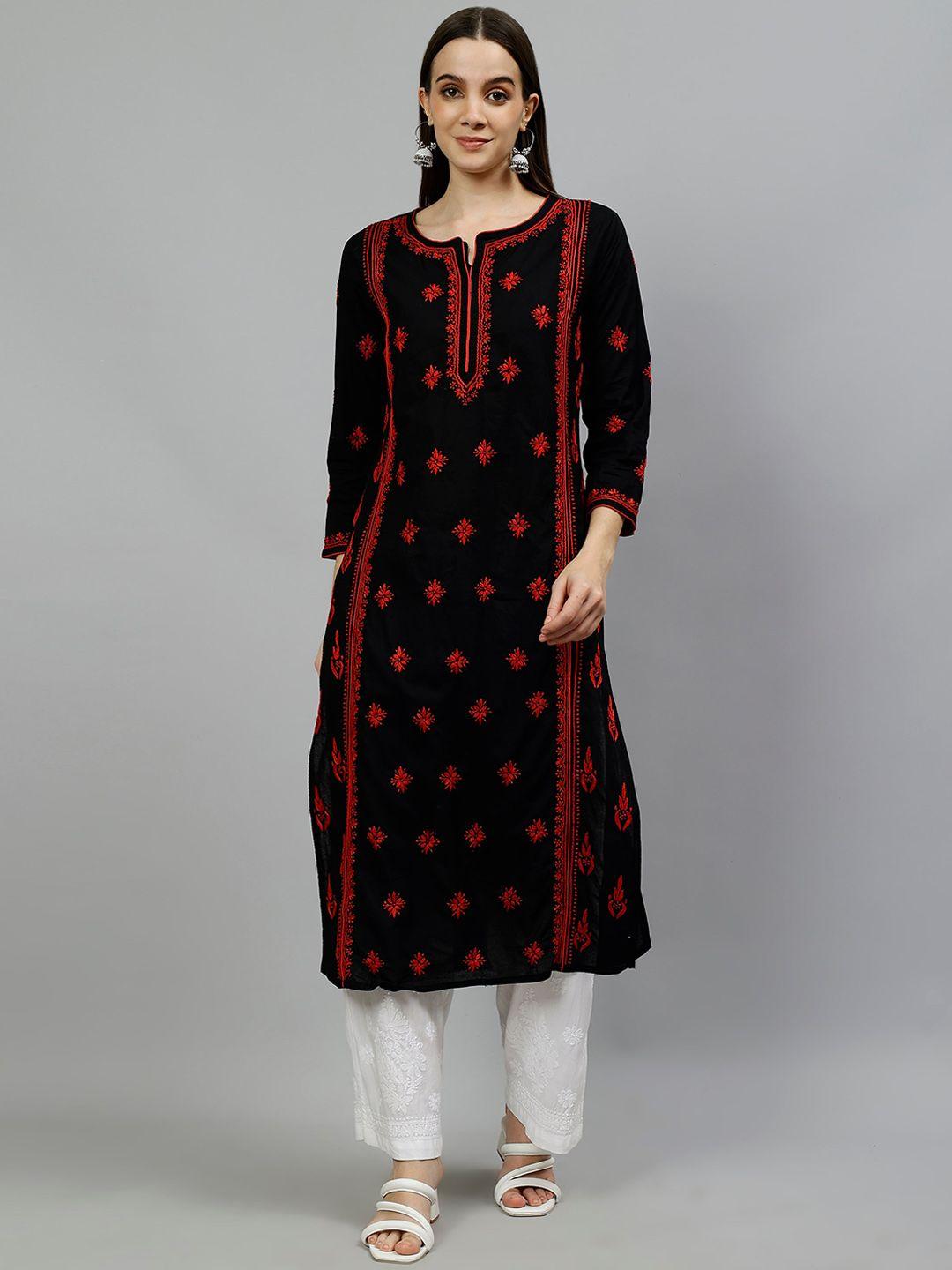 seva chikan women floral printed thread work handloom kurta