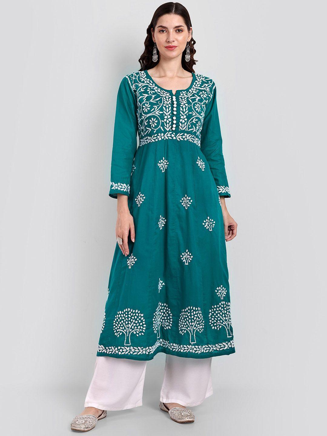seva chikan women green ethnic motifs embroidered flared sleeves thread work handloom anarkali kurta
