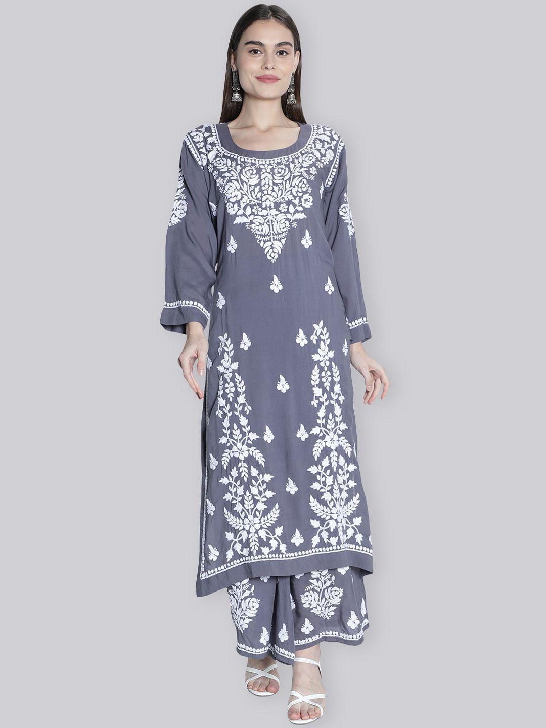 seva chikan women grey ethnic motifs embroidered regular thread work kurta with palazzos