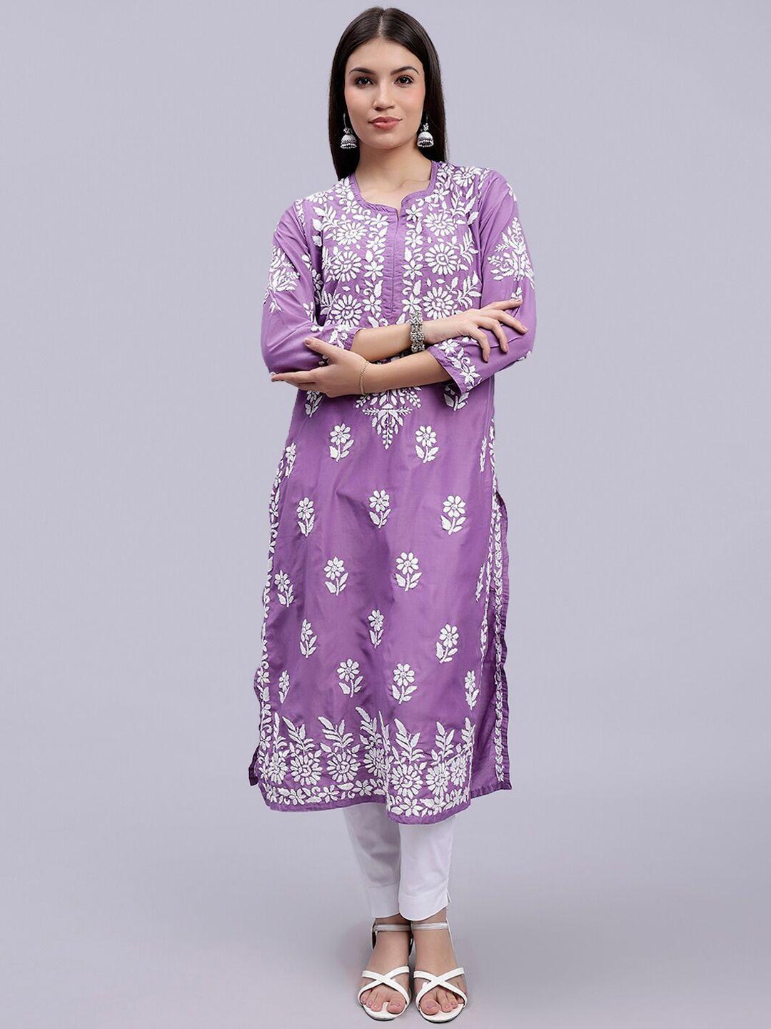 seva chikan women mauve ethnic motifs embroidered chikankari handloom kurta