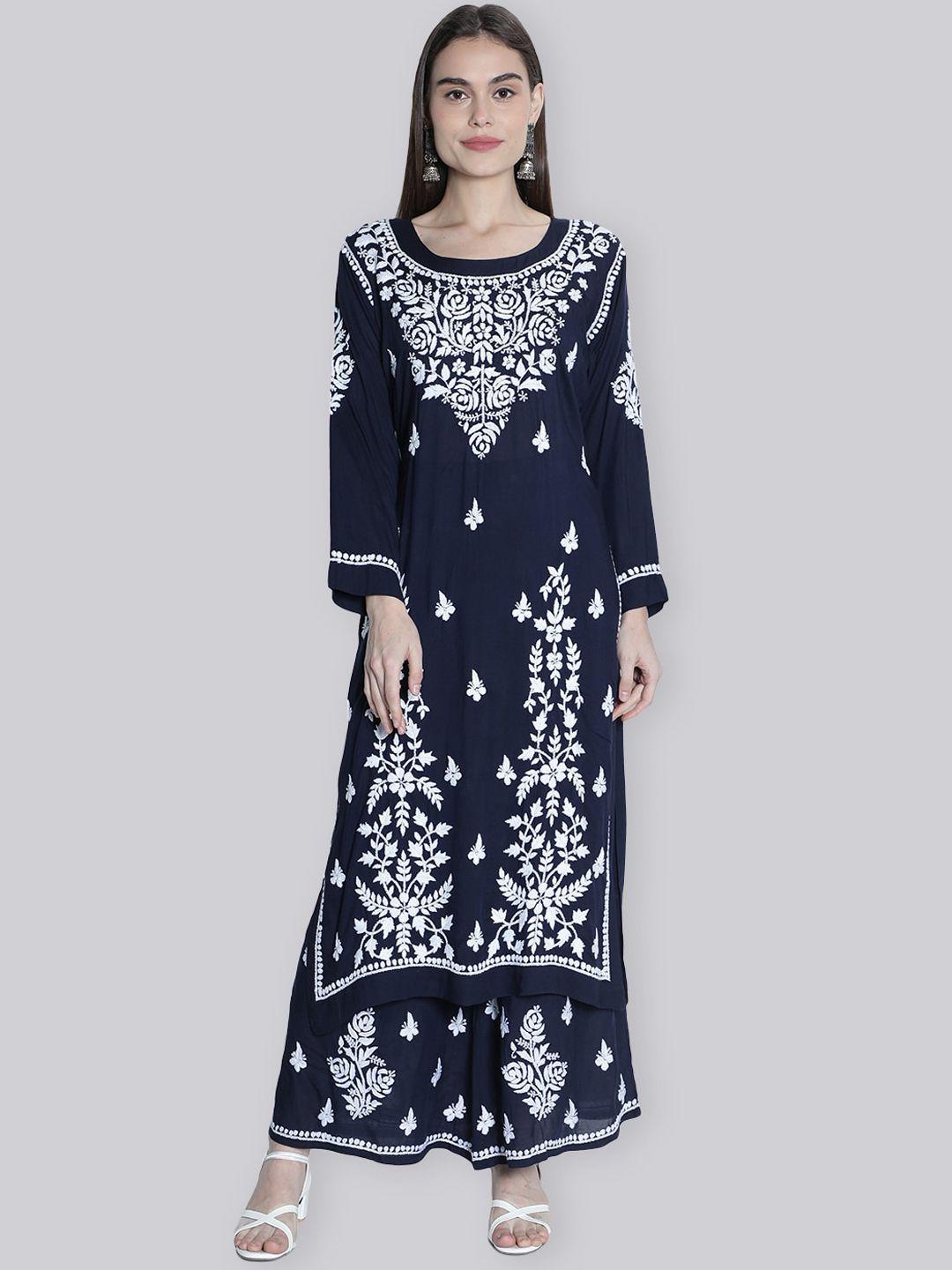 seva chikan women navy blue ethnic motifs embroidered regular thread work kurta with palazzos