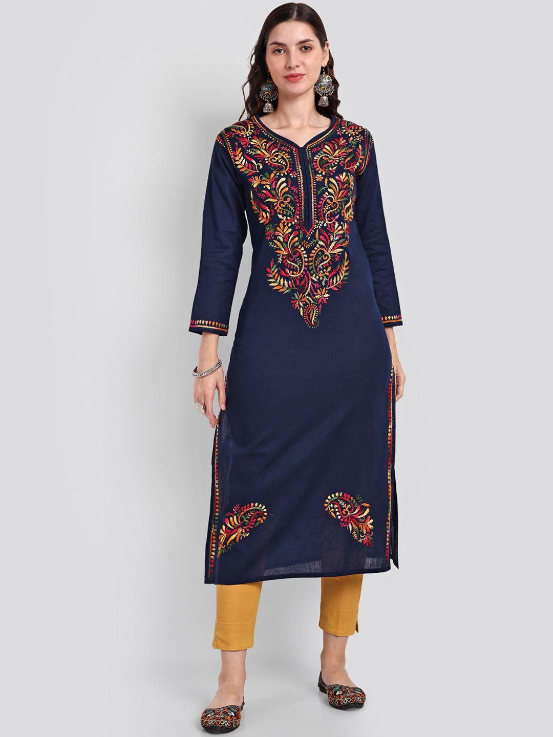 seva chikan women navy blue ethnic motifs embroidered thread work handloom kurta