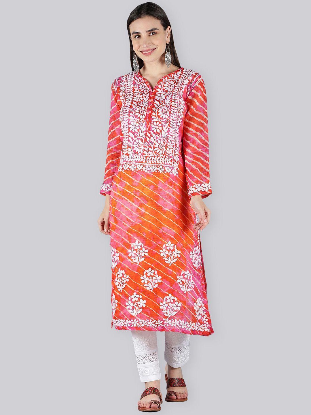 seva chikan women orange ethnic motifs embroidered regular chikankari kurta with trousers