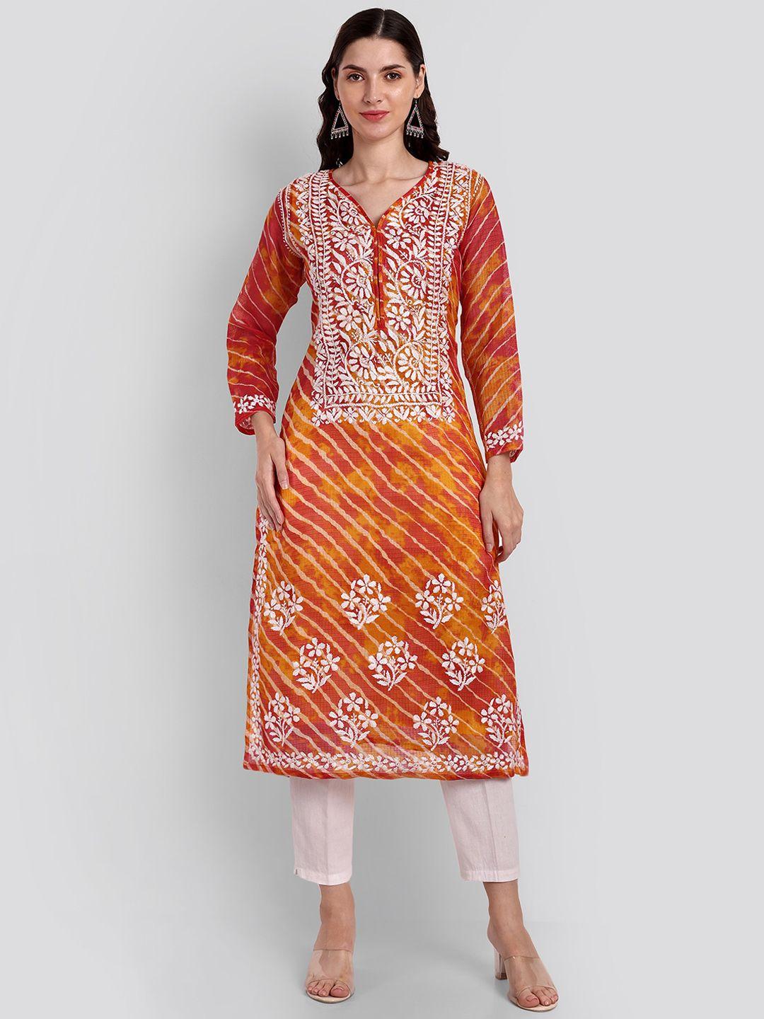 seva chikan women orange printed sequinned handloom kurta